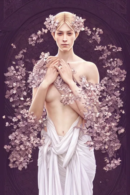 Image similar to symmetry!! full body portrait!!!! of a beautiful!!!! delicate elegant nordic shield maiden, pretty face!!!!, flower petals, intricate, elegant, highly detailed, digital painting, artstation, concept art, smooth, sharp focus, illustration, art by artgerm and greg rutkowski and alphonse mucha, 8 k