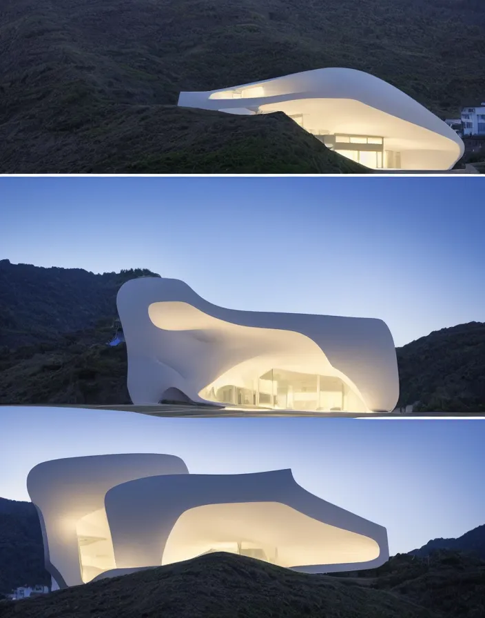 Image similar to zaha hadid 3 d construction printed house on the mountain, soft light, streetscapes stunning volumetric lighting sunset