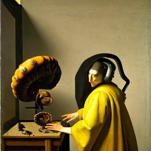 Prompt: Oil painting of a robot examining an ammonite fossil in the style of The Astronomer by Johannes Vermeer, 1666, highly detailed