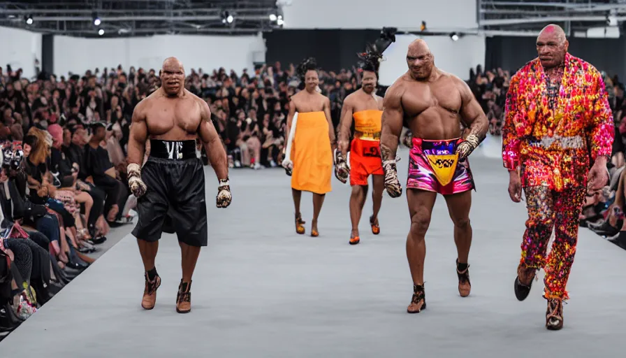 Image similar to hyperrealistic and heavy detailed 2321s runway show of mike tyson , Leica SL2 50mm, vivid color, high quality, high textured