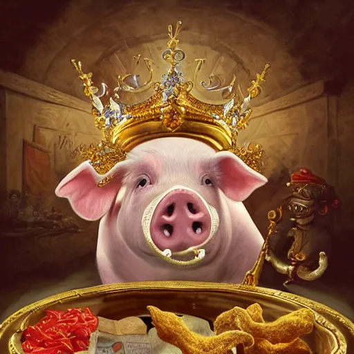 Prompt: pig wearing gold crown with mustache eating pork rind snacks, Realistic, Regal, Refined, Detailed Digital Art, Michael Cheval, Walt Disney (1937), François Boucher, Oil Painting, Steampunk, Highly Detailed, Cinematic Lighting, Unreal Engine, 8k