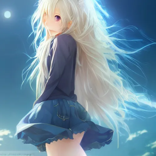 Image similar to a very beautiful anime cute girl, full body, long wavy blond hair, sky blue eyes, full round face, short smile, fancy top, miniskirt, front view, summer lake setting, cinematic lightning, medium shot, highly detailed, cinematic wallpaper by Stanley Artgerm Lau