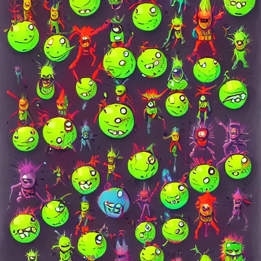 Image similar to an army of differnt tennis ball monsters, colorful, digital art, fantasy, magic, chalk, trending on artstation, ultra detailed, professional illustration by basil gogos