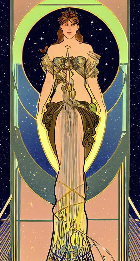 Image similar to a tarot card of a woman pouring water and stars into the earth from space. illustrated in an art deco style by alphonse mucha and an elegant border by tamara de lempika. | studio lighting | digital painting, stunning lighting, trending on artstation