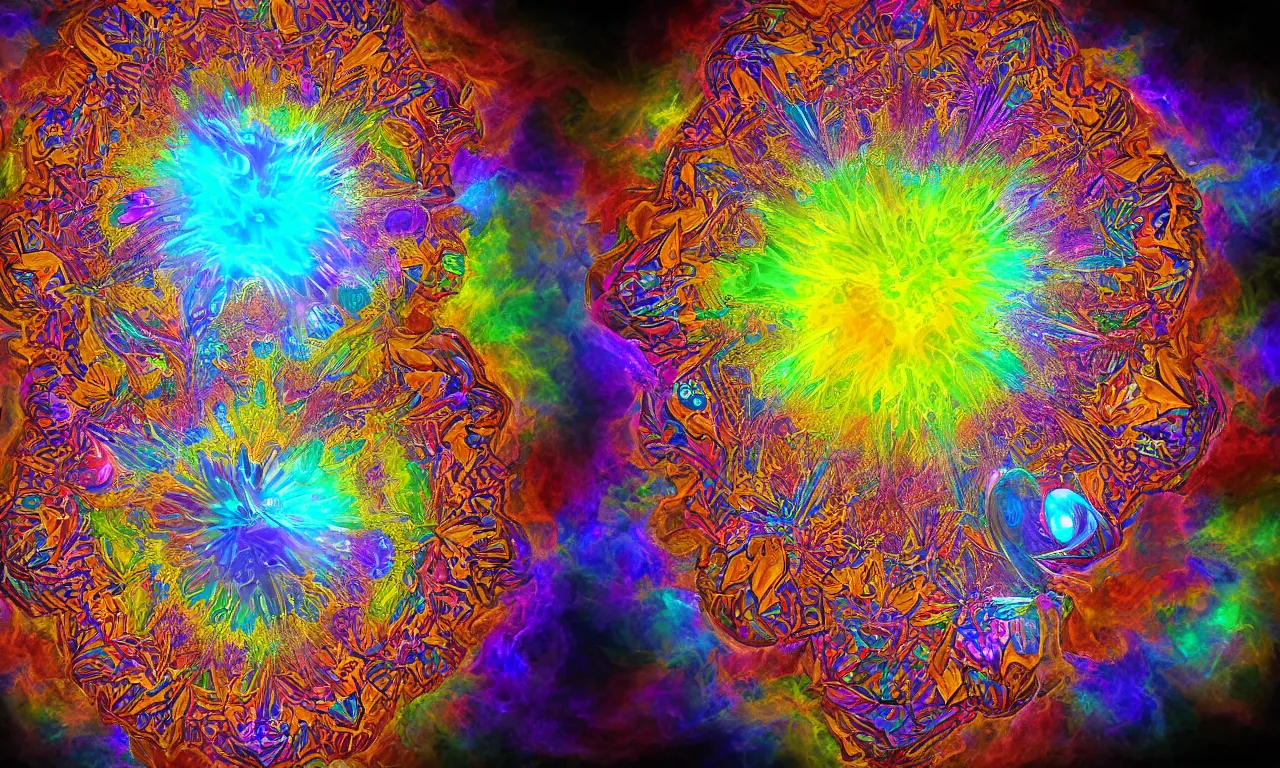 Image similar to acrylics blob voronoi engine laboratory 3 d volume kaleidoscope mandala fractal chakra digital multicolor stylized concept substance liquid nebula stone, a spectacular view cinematic rays of sunlight comic book illustration, by john kirby radiating a glowing aura global illumination ray tracing hdr depth fog overlay multiply photoshop layer