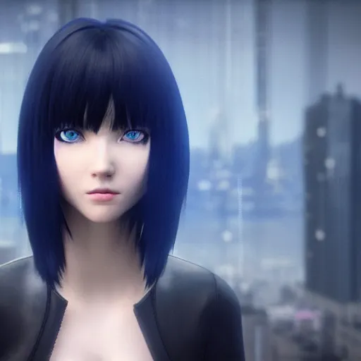 Image similar to « portrait, attractive, blue eyes, black hair, middle length hair, ghost in the shell, front view, unreal engine 5 »