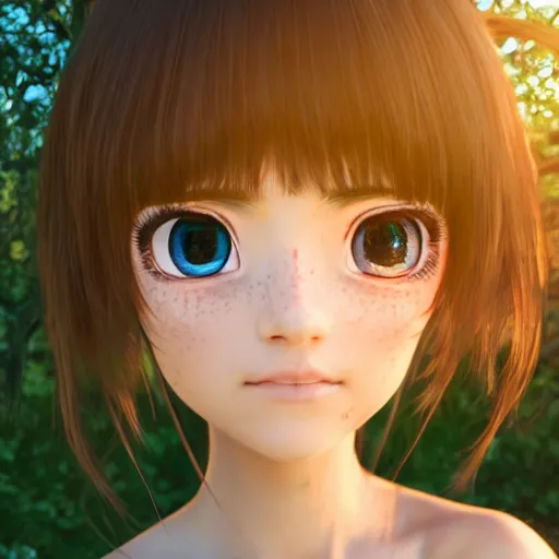 Image similar to Render of a very beautiful 3d anime girl, long hair, hazel eyes, cute freckles, full round face, short smile, cute sundress, golden hour, serene forest setting, medium shot, mid-shot, highly detailed, trending on Artstation, Unreal Engine 4k