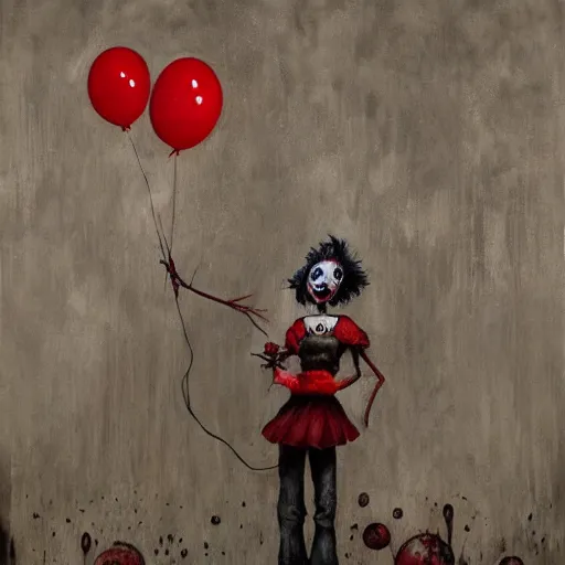 Image similar to grunge painting of underneath hell with a wide smile and a red balloon by chris leib, loony toons style, pennywise style, corpse bride style, horror theme, detailed, elegant, intricate, conceptual, volumetric light