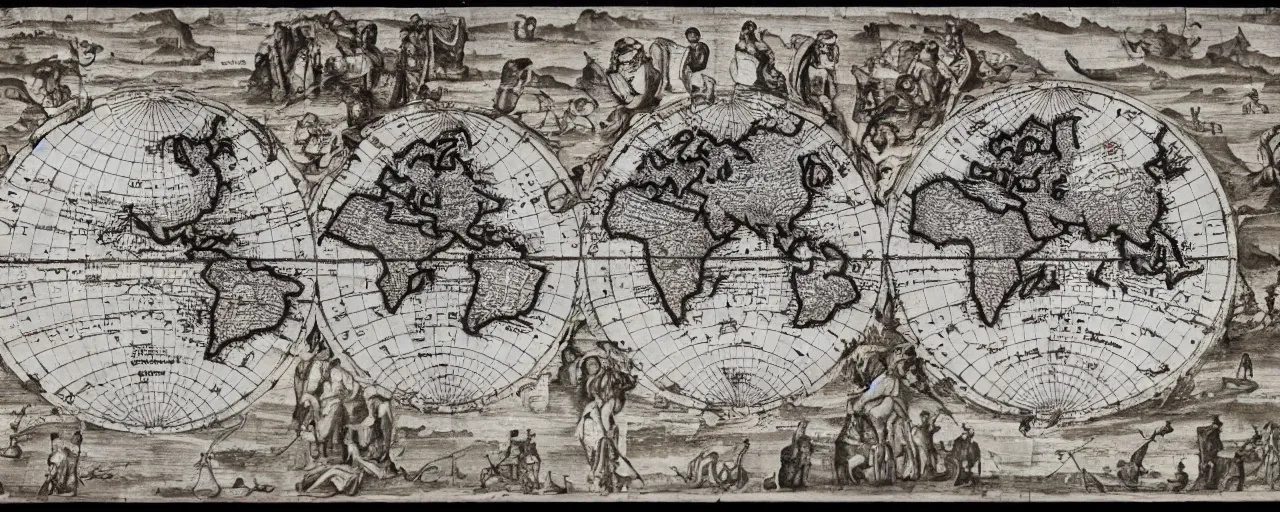 Image similar to highly detailed ancient map of the world, flat earth model, beautiful caligraphy and notations, detailed illustrations, ancient lost artefacts, 3 5 mm film photo