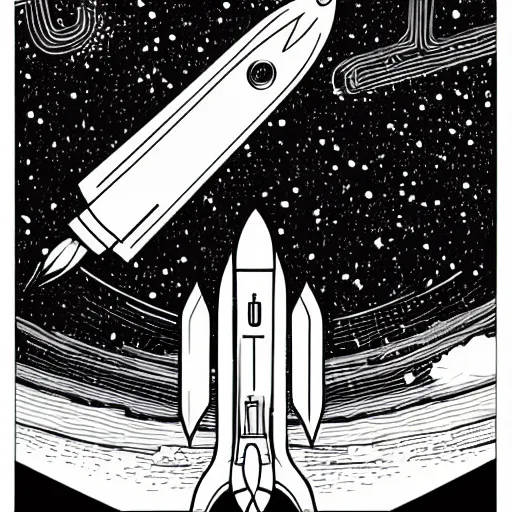 Prompt: an illustration of a rocket on its launchpad, by laurie greasley and james stokoe