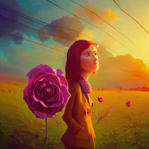 Prompt: closeup, giant rose flower as a head, frontal, girl in a suit, surreal photography, sunrise, dramatic light, impressionist painting, digital painting, artstation, simon stalenhag