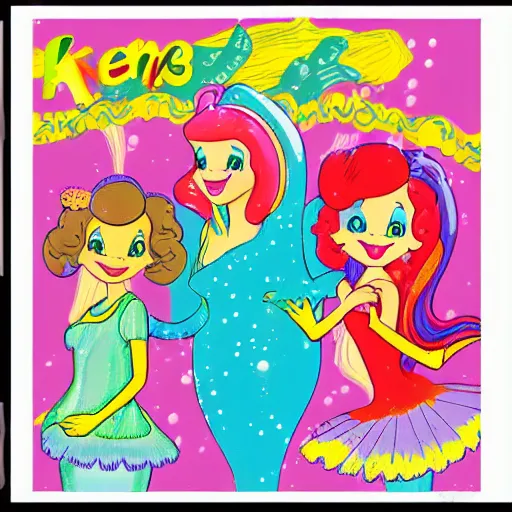 Image similar to kenner sea wees mermaids, glamour gals, mattel strawberry shortcake, dr snuggles cartoon, mushroom fantasy land, pastel rainbows, peter max yellow submarine style. professional poster. award winning.