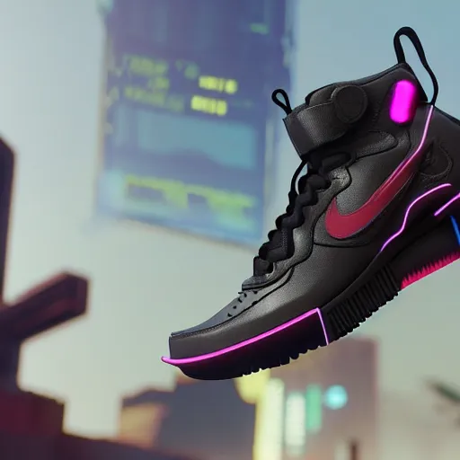 Image similar to nike airforce from cyberpunk 2 0 7 7, 3 d, ultra - realistic