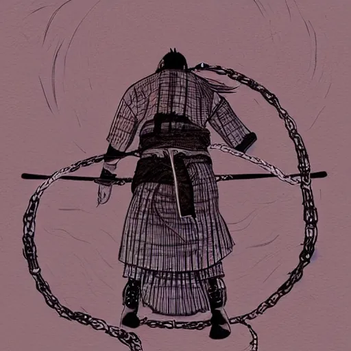 Image similar to a portrait from behind of a samurai man vagabond with a moon behind him, the samurai is wrapped in chains, detailed, illustration, concept art, ink style, sketch