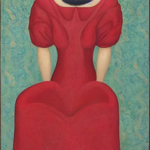 Prompt: a middle aged woman in a red dress, by christian schad