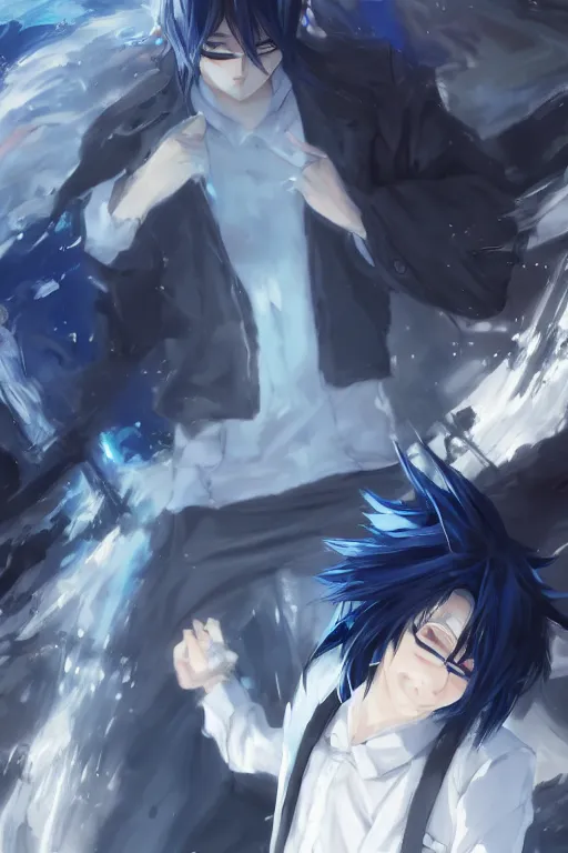 Prompt: anime boy with messy blue hair wearing black long jacket beside another shorter boy with wavy white hair in white formal clothes, wlop, concept art, digital painting, trending on artstation, highly detailed, epic composition, 8 k uhd