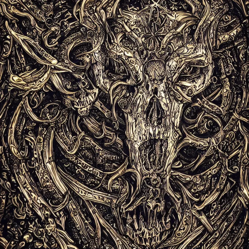 Image similar to photo of wolf skull on bones, dramatic lighting, circural, golden ornaments, symmetric, intricate skeletal decorations, symmetry, highly detailed, concept art, black, glimpse of red, white, gold layers, centered, style of nekroxiii, hyperrealistic, black background, smoke