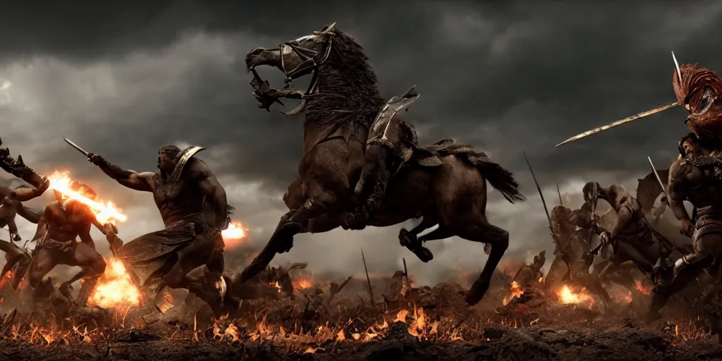 Image similar to epic battle screen of hero, film still from the movie'3 0 0'( 2 0 0 6 ), 3 d, 8 k realistic, cryengine, playstion 5 screen, cinematic lighting