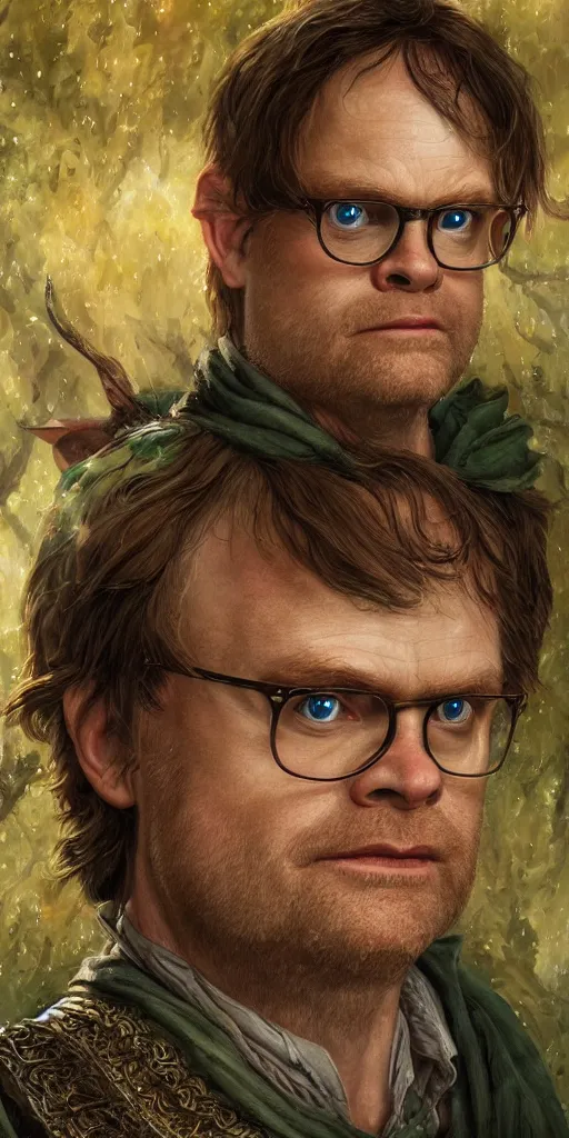 Image similar to close-up of Rainn Wilson as an tolkien elf, highly detailed, sharp focus, digital painting, artwork by Victor Adame Minguez + Yuumei + Tom Lovell + Sandro Botticelli