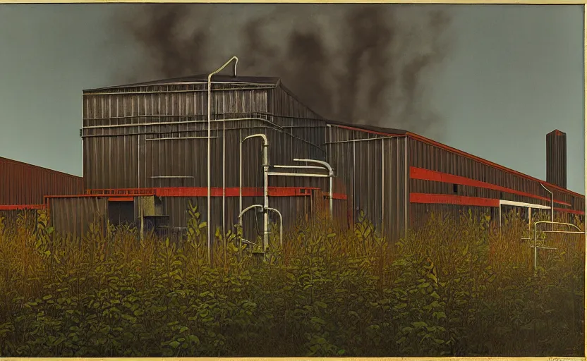 Image similar to industrial buildings surrounded by undergrowth by clarence holbrook carter