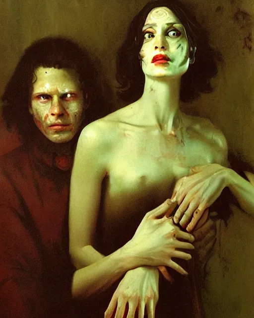 Prompt: a beautiful and eerie baroque painting of a brother and sister who are beautiful but creepy, in dead space, with haunted eyes and dark hair, 1 9 7 0 s, seventies, wallpaper, a little blood, morning light showing injuries, delicate embellishments, painterly, offset printing technique, by brom, robert henri, walter popp