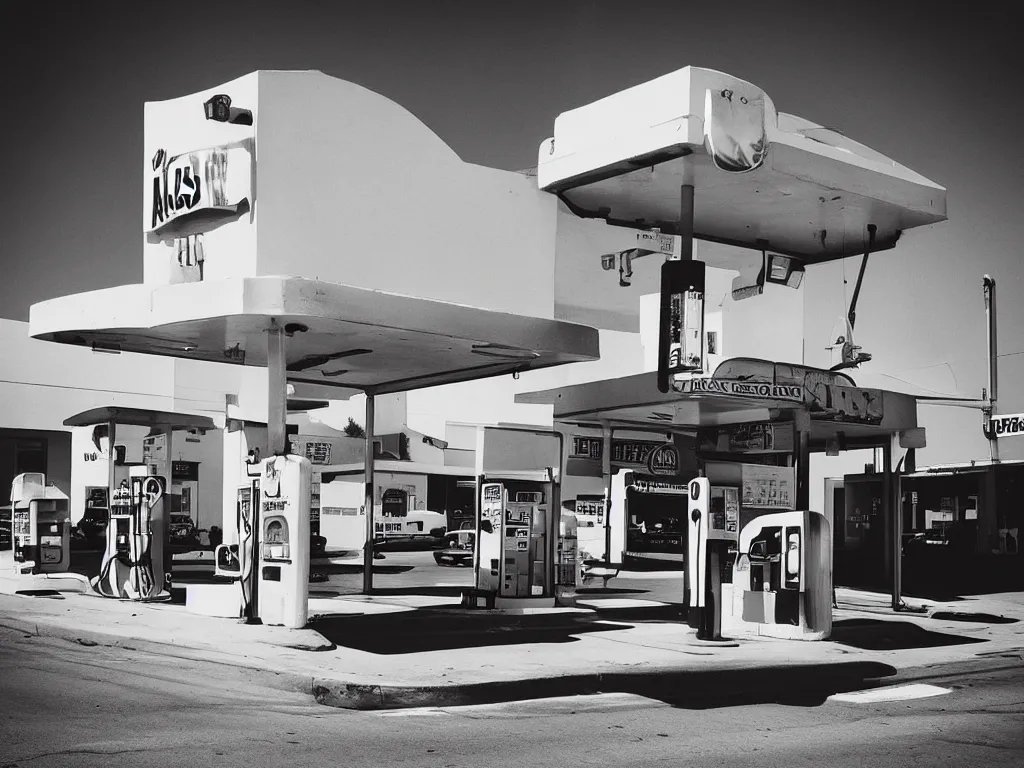 Prompt: “A black and white 35mm photo of a vintage gas station in Los Angeles”