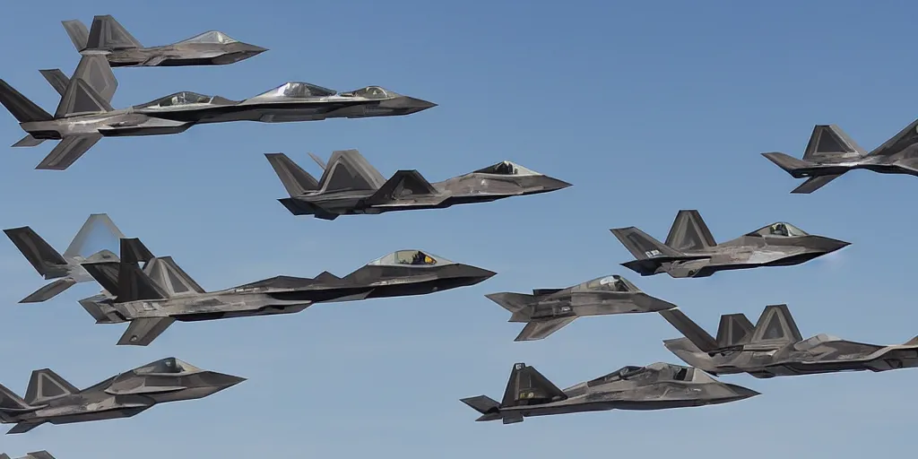 Image similar to an infinite convoy line of F-22's in the sky , extreme wide shot, infinite regression