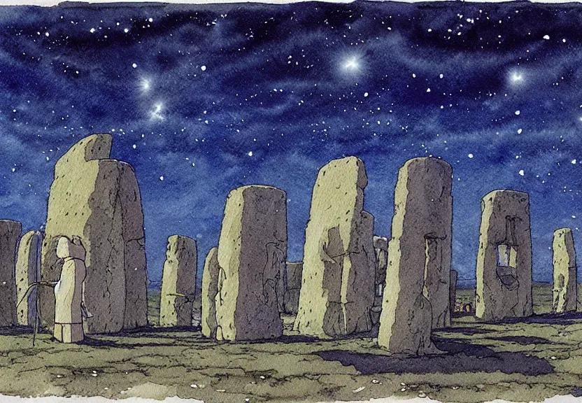 Image similar to a simple watercolor studio ghibli movie still fantasy concept art of a giant native american man standing in stonehenge in the ocean. it is a misty starry night. by rebecca guay, michael kaluta, charles vess