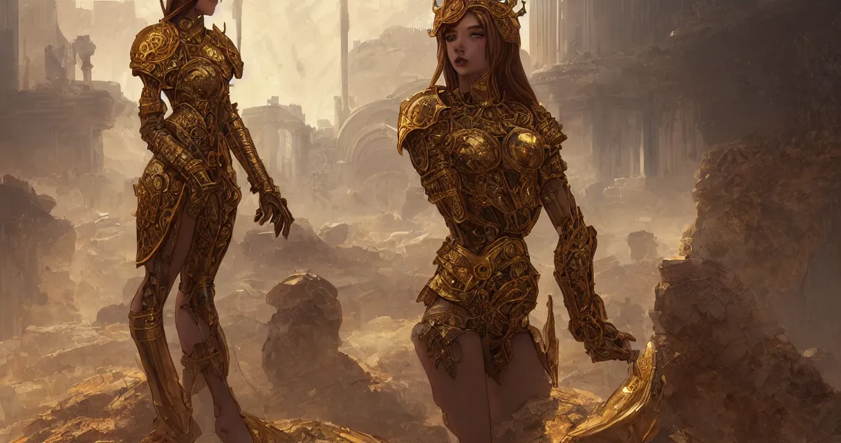 Image similar to portrait knights of zodiac girl, golden reflected armor, in ruined agora of athens, ssci - fi and fantasy, intricate and very very beautiful and elegant, highly detailed, digital painting, artstation, concept art, frostbite engine, smooth and sharp focus, illustration, art by tian zi and wlop and alphonse mucha