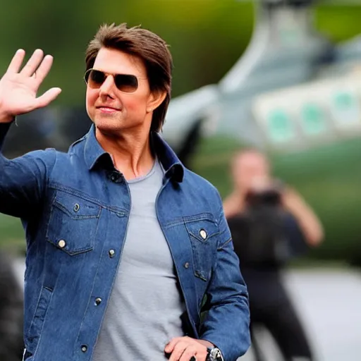 Image similar to Tom Cruise waving to fans. He's wearing bluejeans and a green jacket, Ralph Lauren. A helicopter is in the background. Shallow depth of field