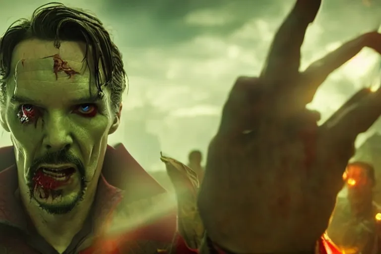 Image similar to film still of zombie zombie doctor strange as a zombie in new avengers movie, 4k