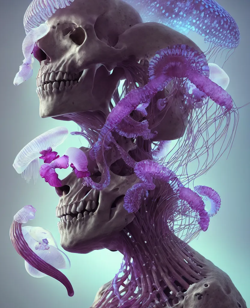 Image similar to goddess close - up portrait human skeleton, ram skull, jellyfish, orchid, betta fish, bioluminiscent, intricate artwork by tooth wu and wlop and beeple. octane render, trending on artstation, greg rutkowski very coherent symmetrical artwork. cinematic, hyper realism, high detail, octane render, 8 k