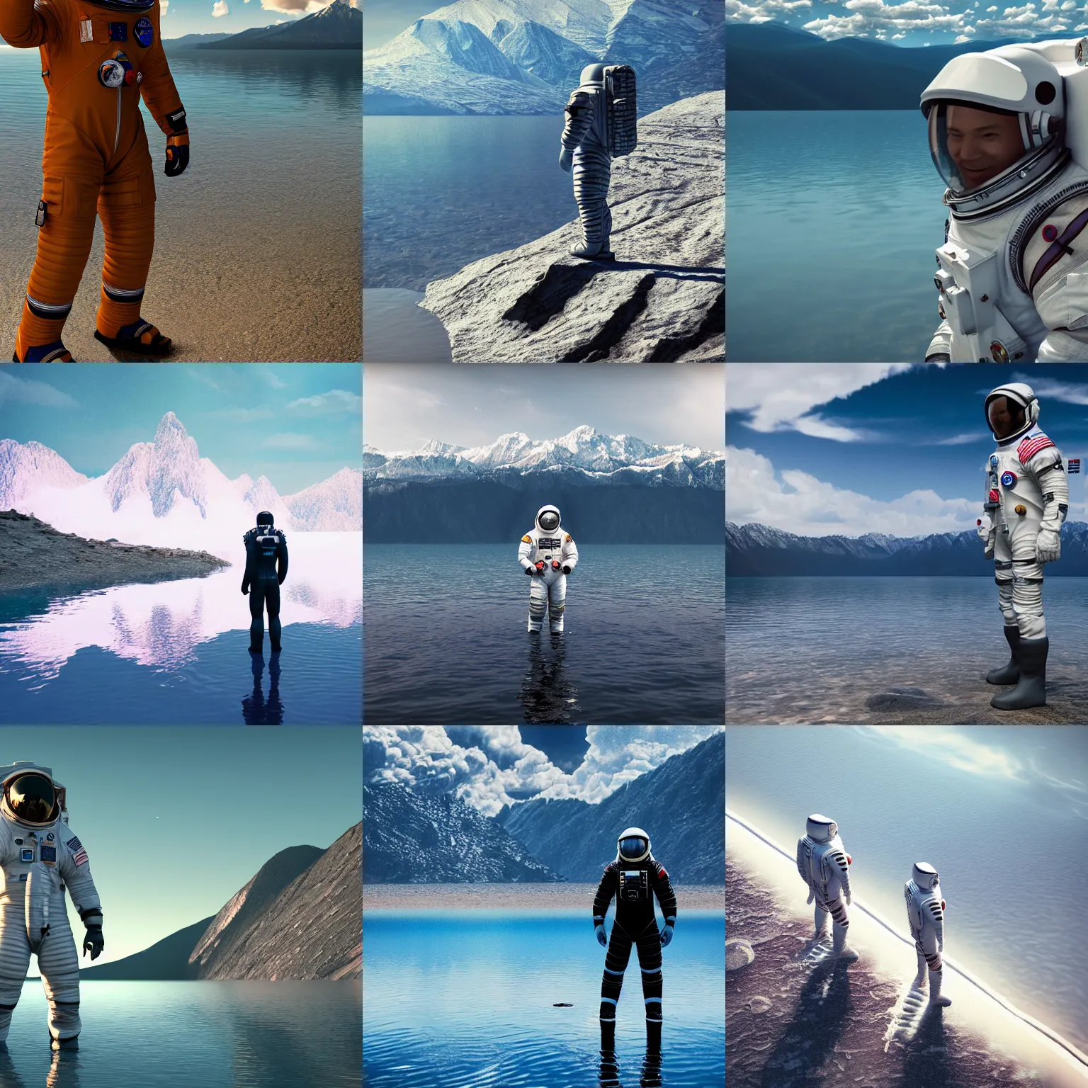 Prompt: ultra-realistic octane render of astronaut standing in the water of Lake Baikal and looking at the mountains. Trending on artstation