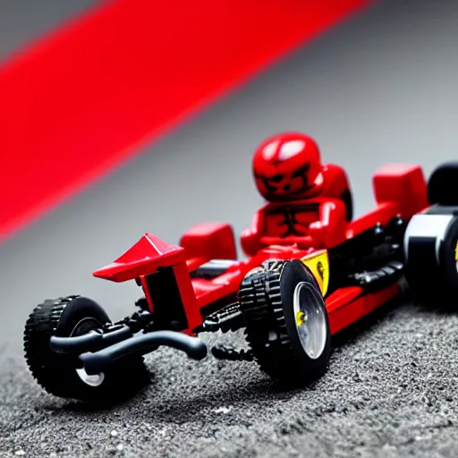 Image similar to a bionicle driving a lego ferrari f1, photo realistic, very detailed, lighting, 8k