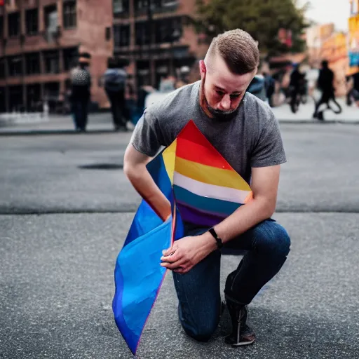 Prompt: lgbt man kneeling on the ground crying, his hands on the ground, holding an lgbt flag, tears coming down his eyes