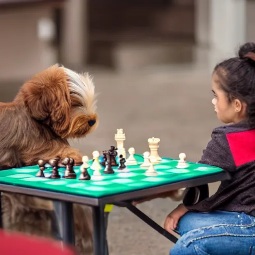 Image similar to light brown and black havanese puppy playing chess against a young girl