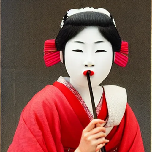 Prompt: photograph of a young maiko licking a lolipop, realistic, red highlights, portrait,detailed,