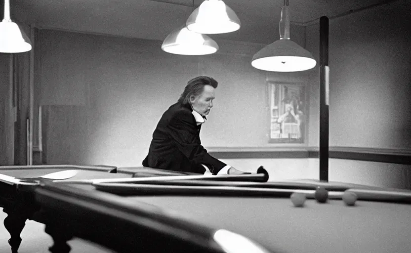 Image similar to Christopher Walken playing billiards and smoking a cigarette in the style of Annie Leibovitz, medium format digital camera, full color, soft lighting, dark, moody, shallow depth of field, highly detailed, photorealistic,