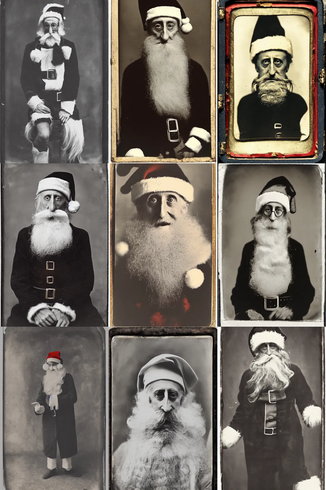 Prompt: an old tintype Marcel Duchamp in a santa claus costume