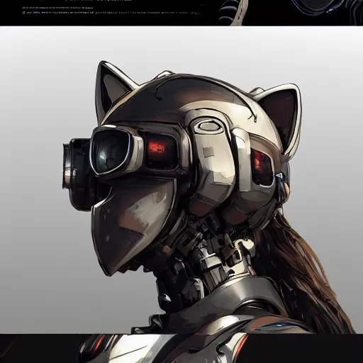 Image similar to a cat mecha full shot, cat ear helmet, the image is futuristic, has cyberpunk style, has cables, wires, it is photorealistic, highly detailed, gritty texture, and trending in Artstation, created by Craig Mullins and Feng Zhu