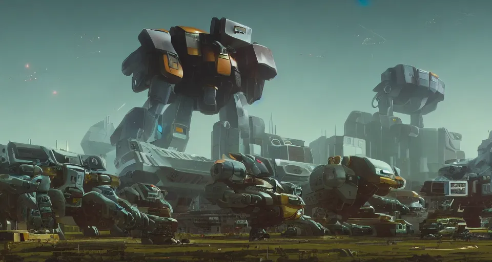 Image similar to Landscape with GIANT mechatronics megastructure looming in the distance fighting each other, inspired by gundam, cinematic, rendered by simon stålenhag, rendered by Beeple, Makoto Shinkai, syd meade, environment concept, digital art, unreal engine, 3 point perspective, WLOP, trending on artstation, low level, 4K UHD image, octane render,