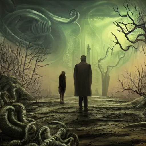 Prompt: Lovecraftian scenery with an investigator in the middle searching, full hd, dark