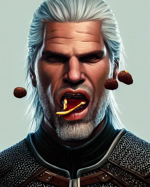 Image similar to portrait of geralt of rivia stuffing a hamburger in his mouth, fantasy, intricate, elegant, highly detailed, digital painting, artstation, concept art, smooth, sharp focus, illustration, by artgerm and greg rutkowski