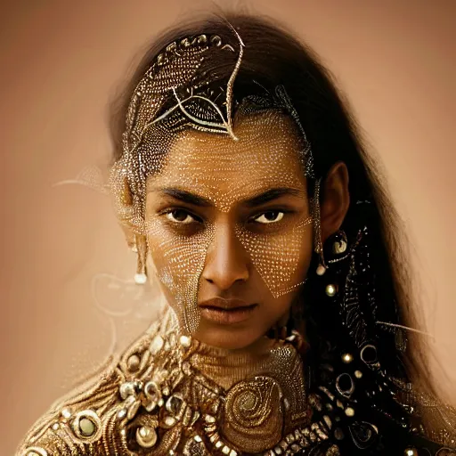 Image similar to full shot of a regal brown - skinned south asian woman wearing an intricate and detailed armor made of dew drops. dew drops around eyes. refracted light. morning dew. delicate. translucent. haunting eyes. vulnerable. fragile. ethereal. refracted light. by ray caesar. by louise dahl - wolfe. surreal photography.