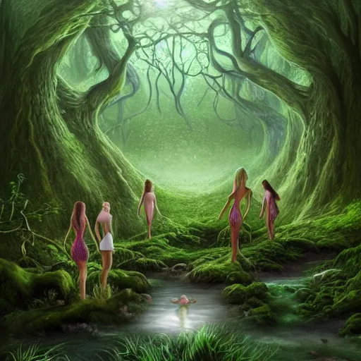 Image similar to beautiful digital fantasy illustration of A woody green field with a stream running through it, with a group of dryad women standing in the water. They seem to be preparing to submerge themselves in the cool, clear waters of the stream. a creepy creature standing in front of a mirror!, concept art by Alex Horley-Orlandelli!!, cgsociety contest winner!!!, cgsociety, fantasy art, highly detailed, soft lighting, rendered in octane, masterpiece, very very very aesthetic