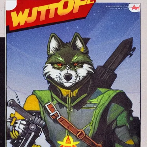 Image similar to 1 9 8 0 s video game art of anthropomorphic wolf o'donnell from starfox fursona furry wolf in a dark space mercenary uniform, looking heroic, magazine scan, 8 0 s game box art, dark grey wolf o'donnell