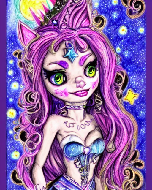 Image similar to josephine wall watercolor pencil drawing of a monster high universe clawdeen wolf fullmoon, stars, sigils and doodles around her, doodles of chibi jesters