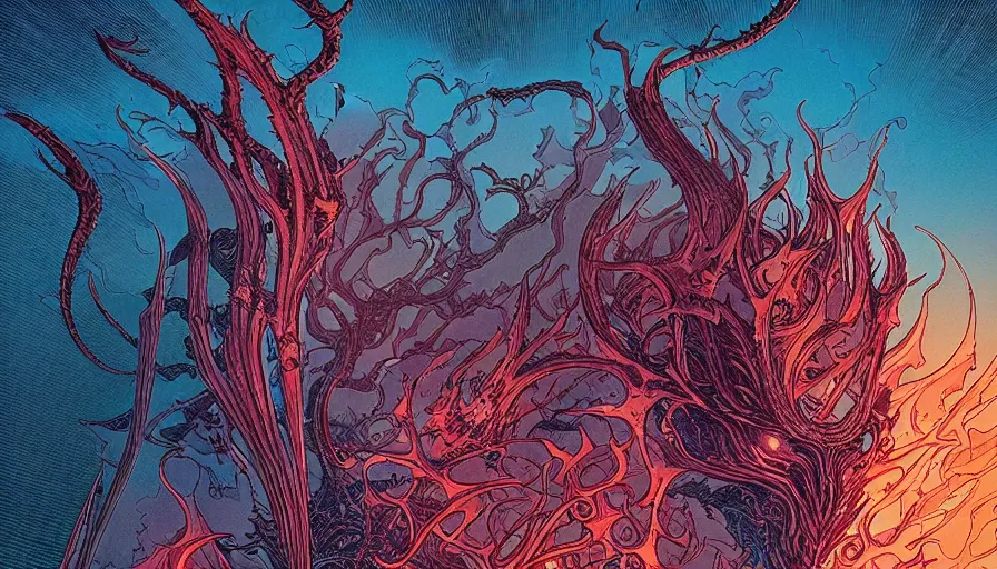 Image similar to flame of chaos from elden ring by moebius and kilian eng, atmospheric, fine details, vivid, neon, masterpiece