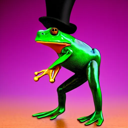 Image similar to a frog dancing with a top hat and a cane photo realistic 8k high resolution