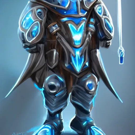 Prompt: concept art of a futurstic warrior, wearing tight futuristic knight armour, wearing a face covering with 4 blue eyes, holding a futursitc sword, flowing with light blue glow | | cute - fine - fine details, brush strokes, and sakimichan, trending on artstation